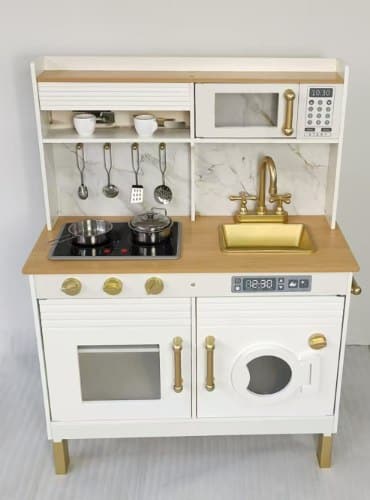 מטבח אלקטרוני דאלאס מעץ לילדים – לבן וזהב