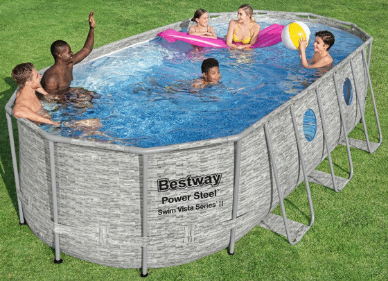 בריכת BESTWAY אולטרה אובלית 122*274*549 דמוי ראטן+4 חלונות, דגם 56716+משאבת פילטר 1500 גלון+כיסוי+סולם