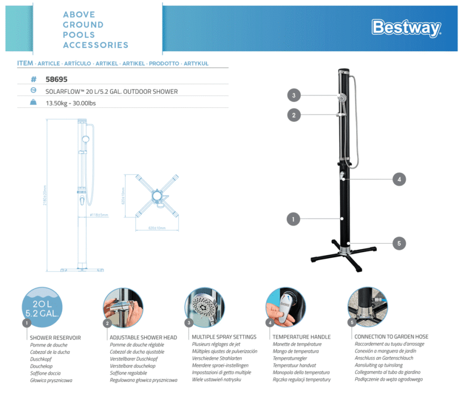 ⁦מקלחון חיצוני לחצר/גינה עם ראש מקלחון מתכוונן/נשלף 20 ליטר | מקט BESTWAY| 58695|⁩ – תמונה ⁦11⁩