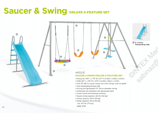 נדנדת ארבע חלקים ומגלשה 1.70 מטר לחצר לילדים |424X235X200ס"מ| מקט 44152| INTEX